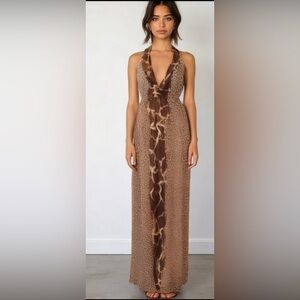 EUC Moda International Brown Animal Print Maxi Dress Halter Bohemian Leopard